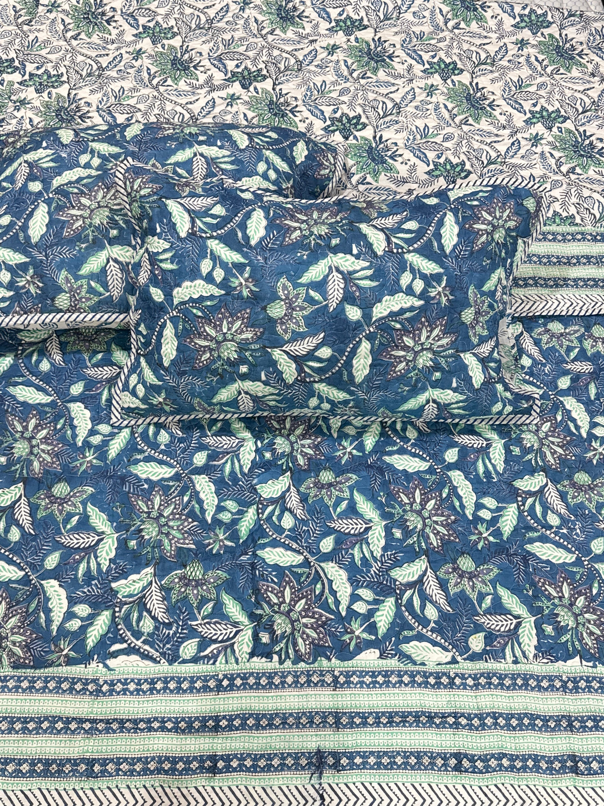 KING Size Quilted Blockprint REVERSIBLE Mulmul Bedcover (108*108 inches)