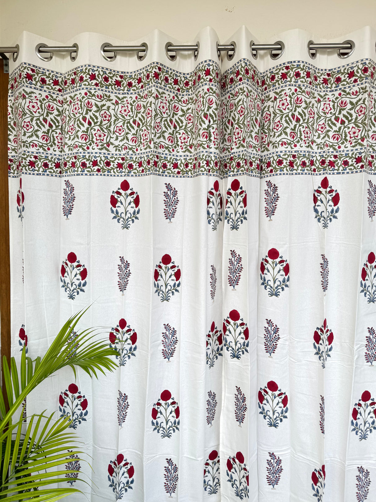 Pair of Red Elegant Blockprint Cotton Curtains (Set of 2)
