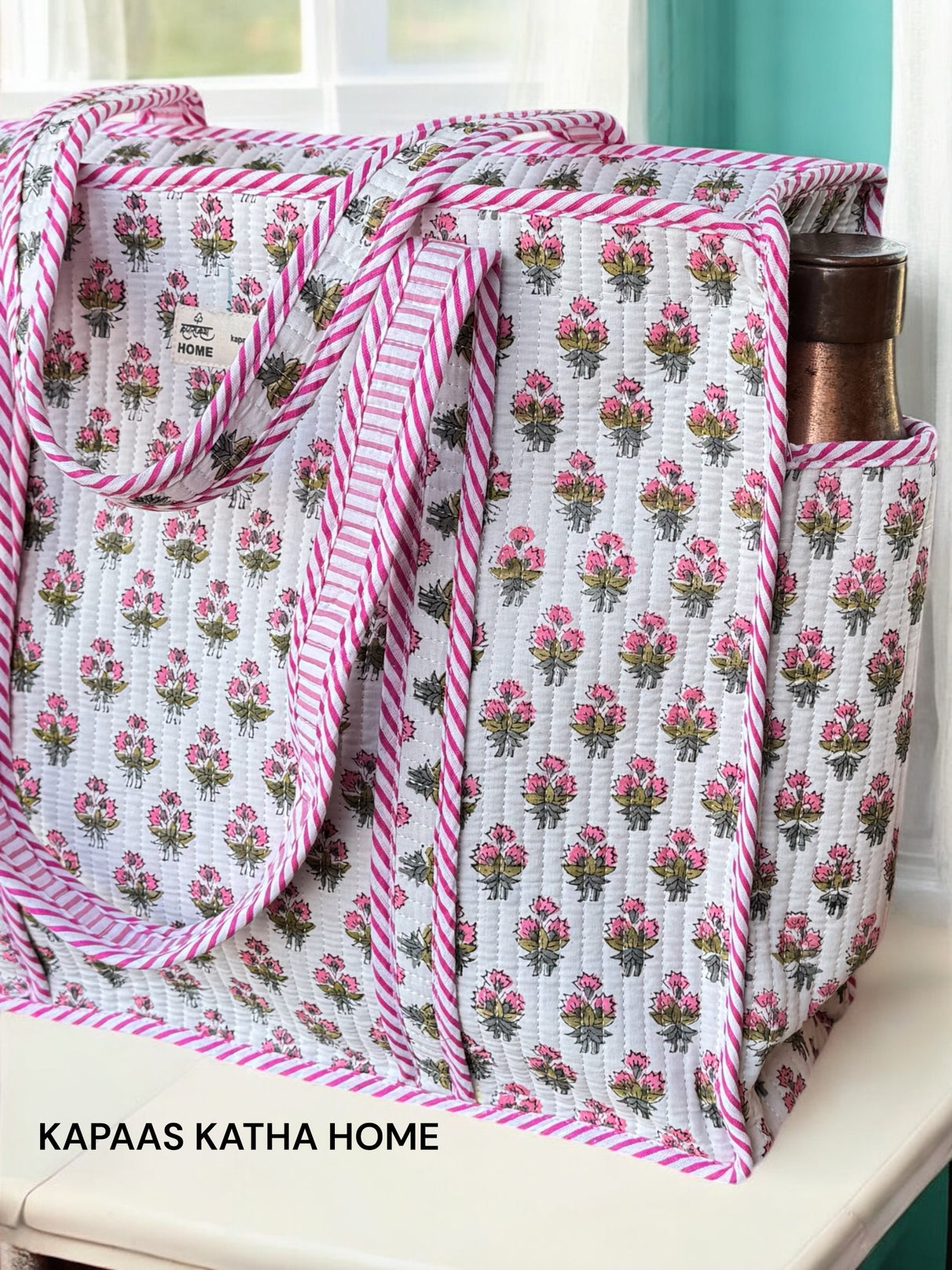 Pink Flowers Tote Bag (with Zip Closure)
