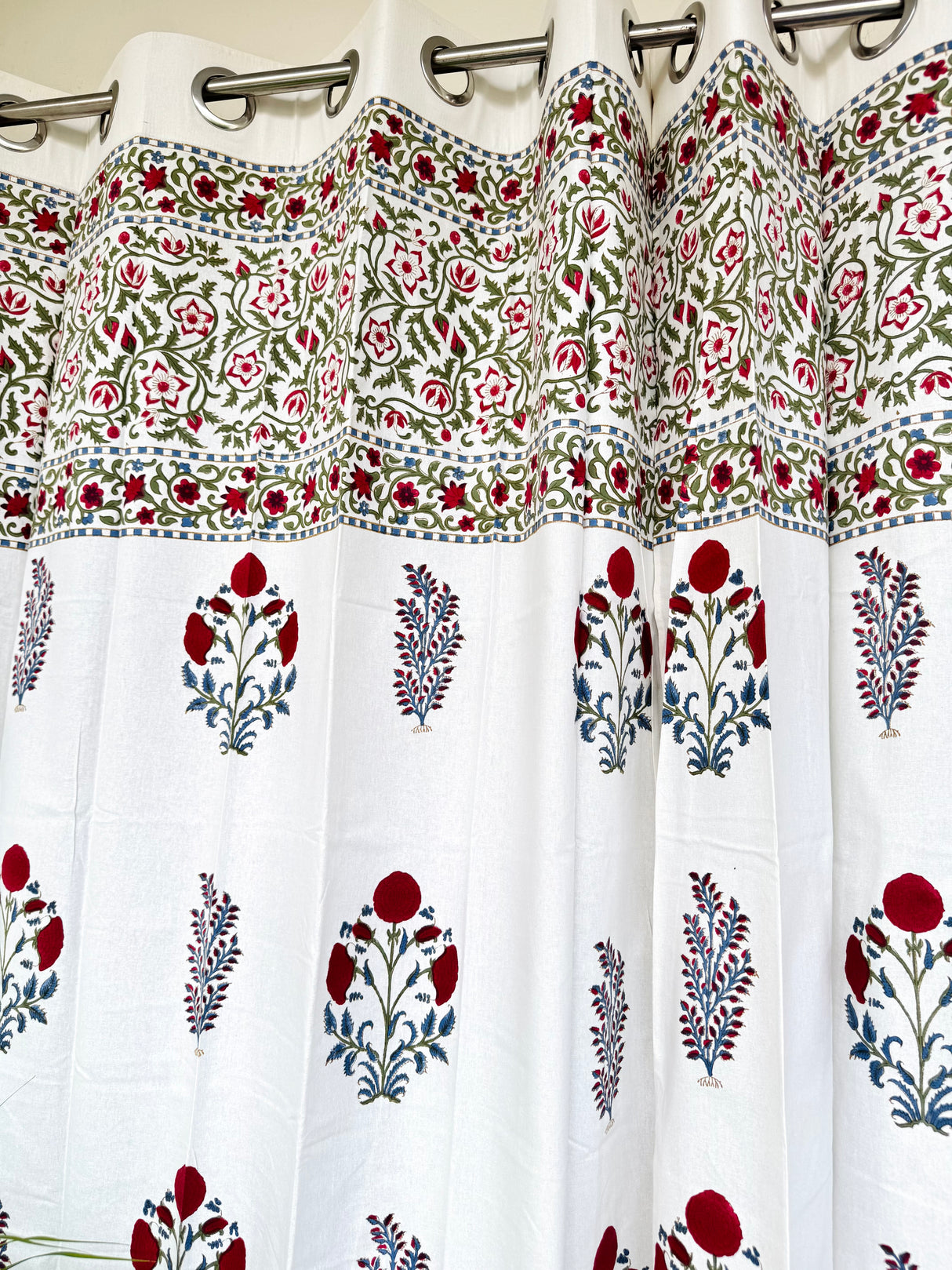 Pair of Red Elegant Blockprint Cotton Curtains (Set of 2)