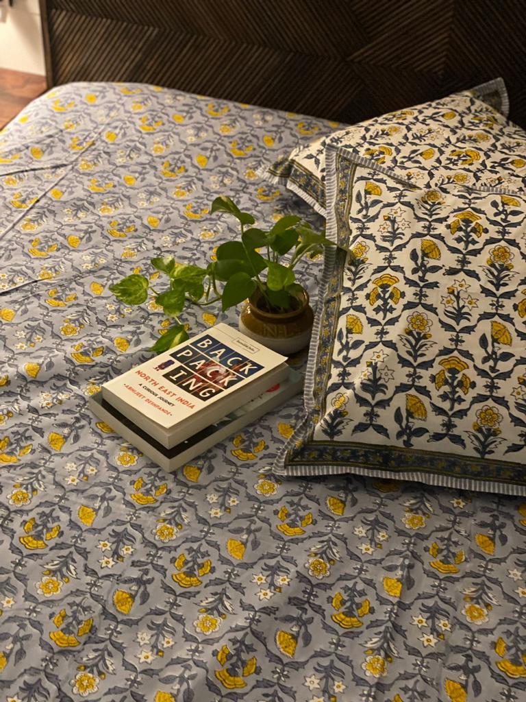 Grey and Yellow Theme Blockprint Bedsheet & Quilt Set
