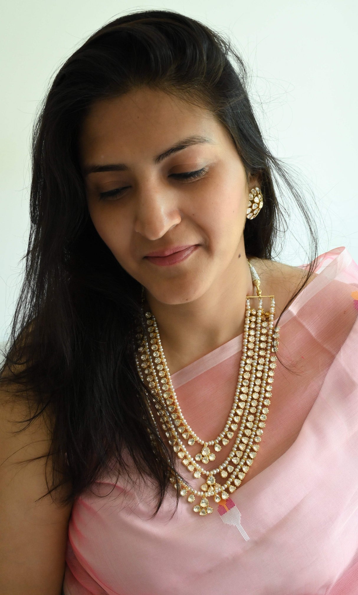 Handcrafted 92.5 Silver Rani Haar and Earrings With Moissanite Polki