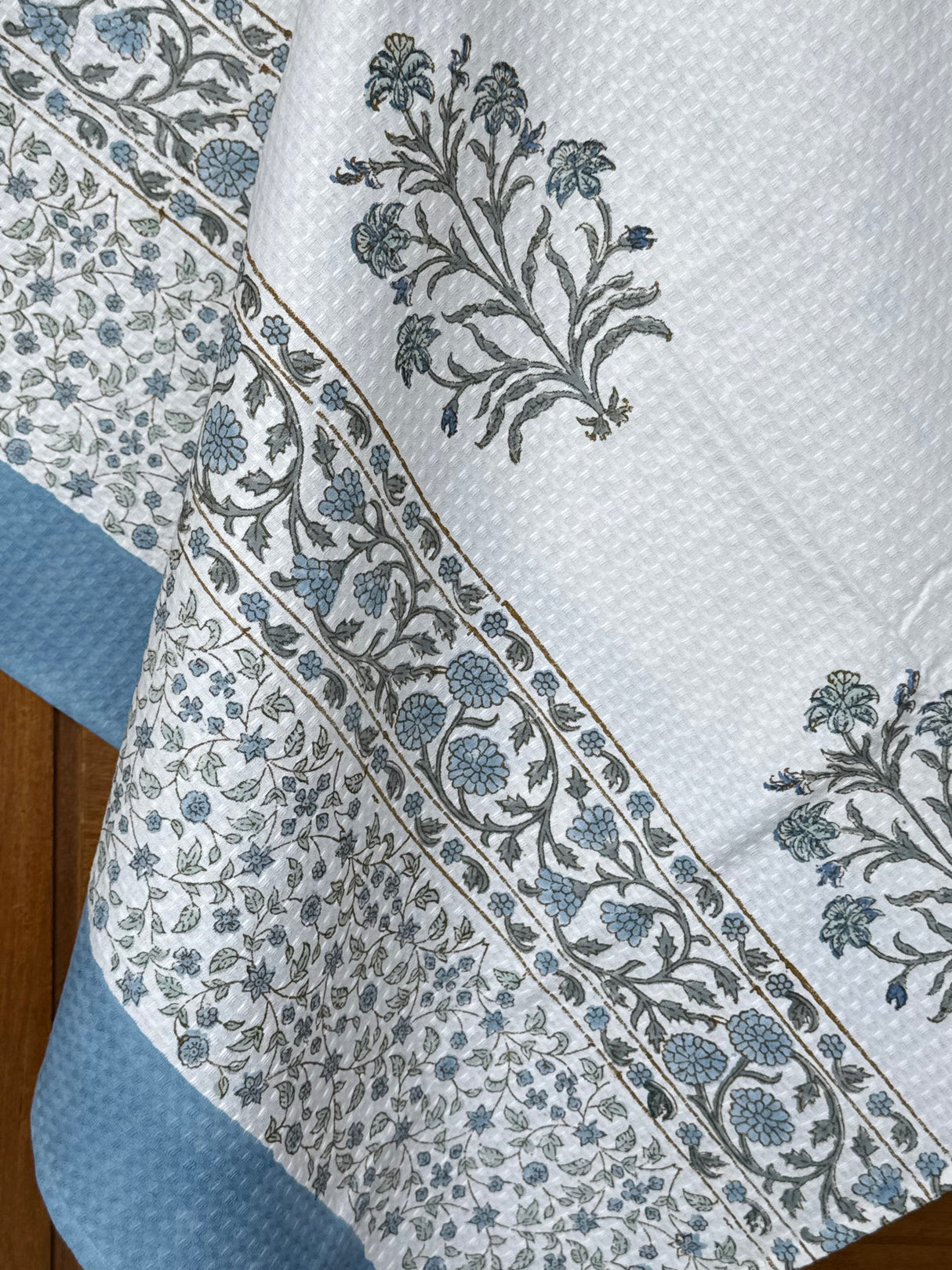 Exquisite Blue Blockprint Cotton Towel- Waffle Weave