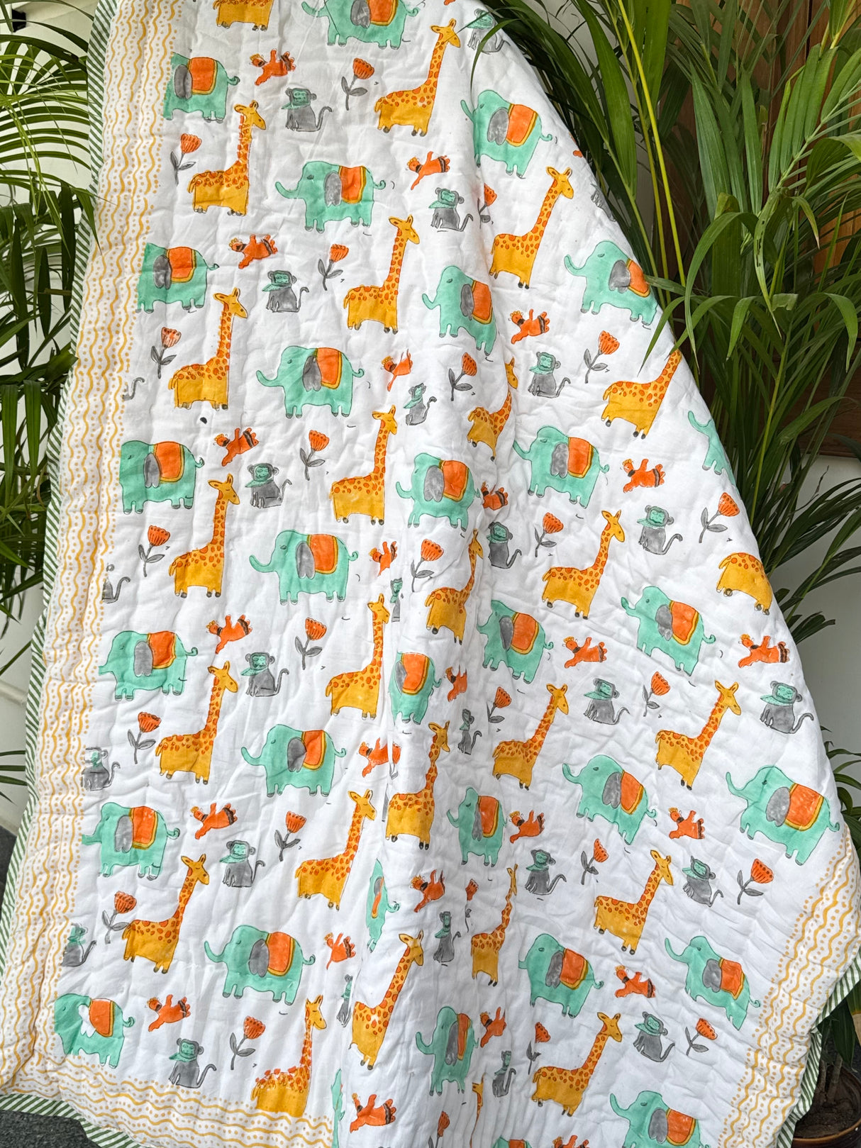 Giraffe Elephant Blockprint Kids Quilt