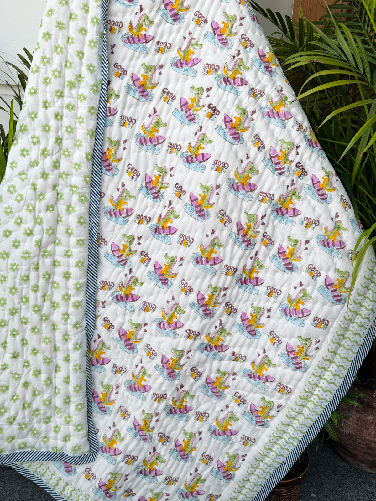 Dinosaur Good Vibes Hand Block Printed Cotton Reversible Kids Quilt