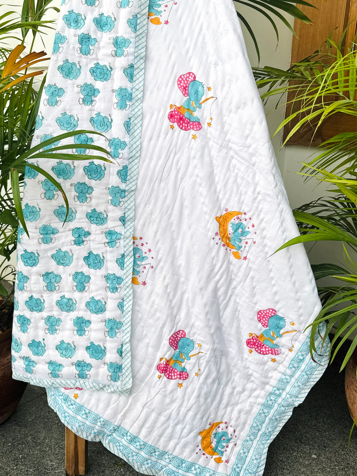 Moonlit Elephant Dreams Blockprint Quilt