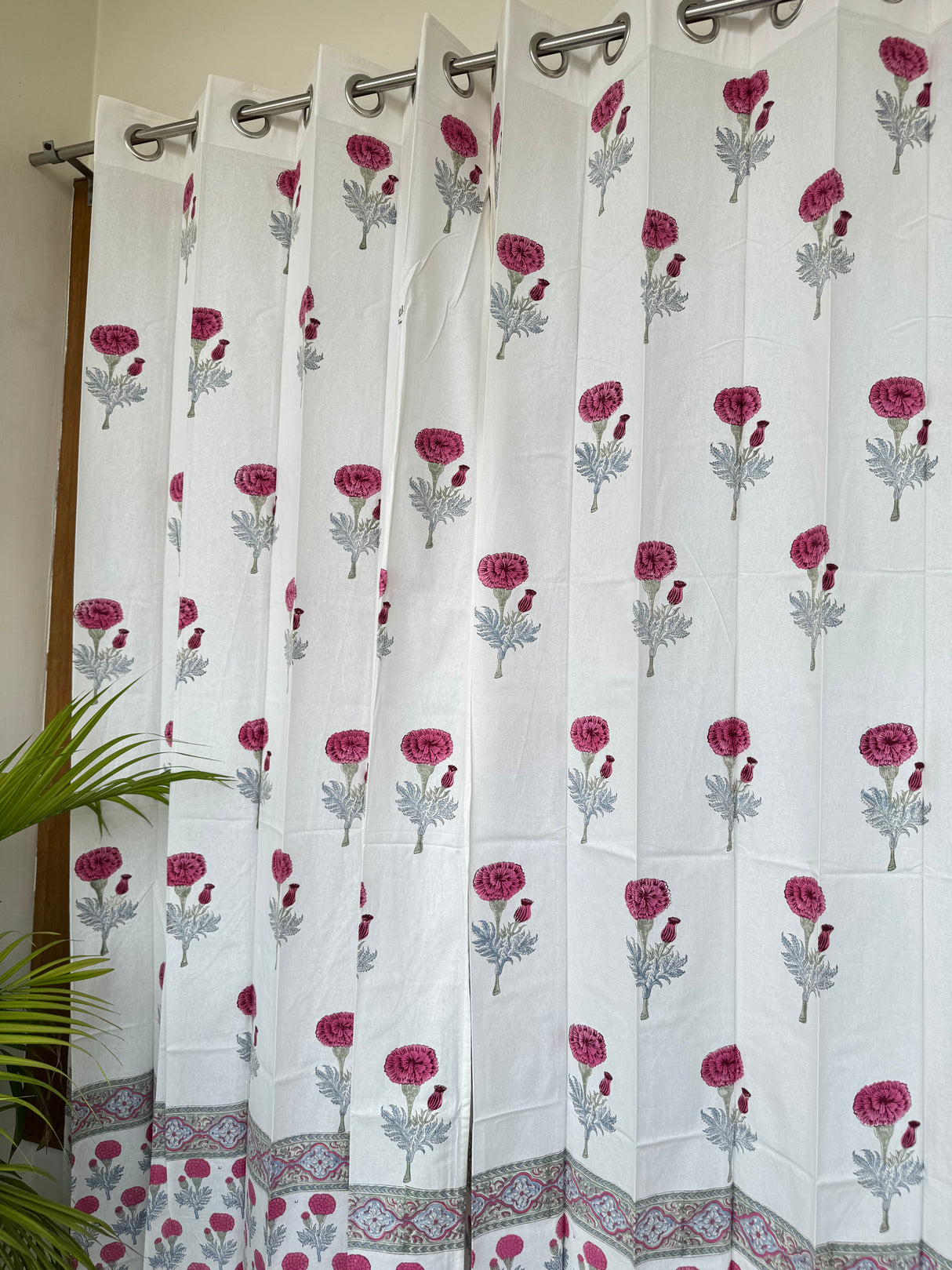 Pair of Pink Blockprint Cotton Curtain (Set of 2)