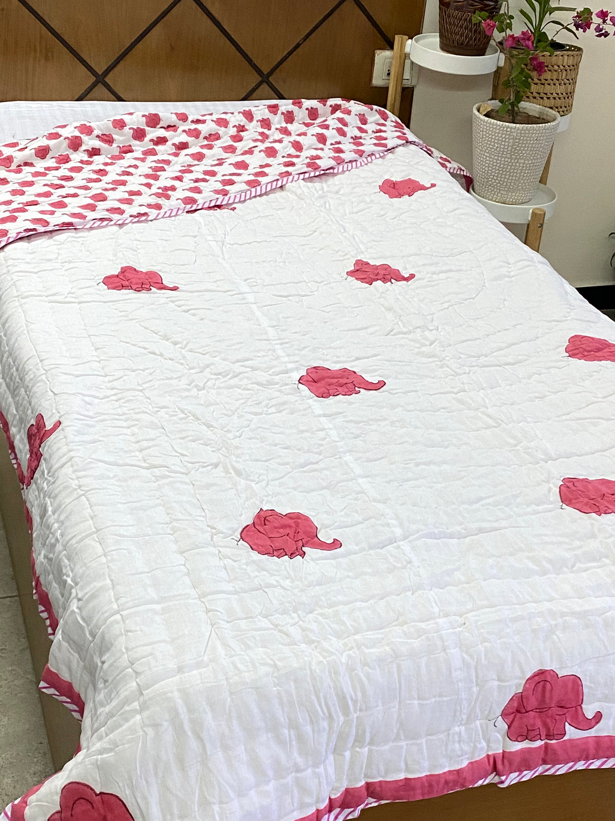 Pink Elephant HandBlock Printed Mulmul Reversible Quilt