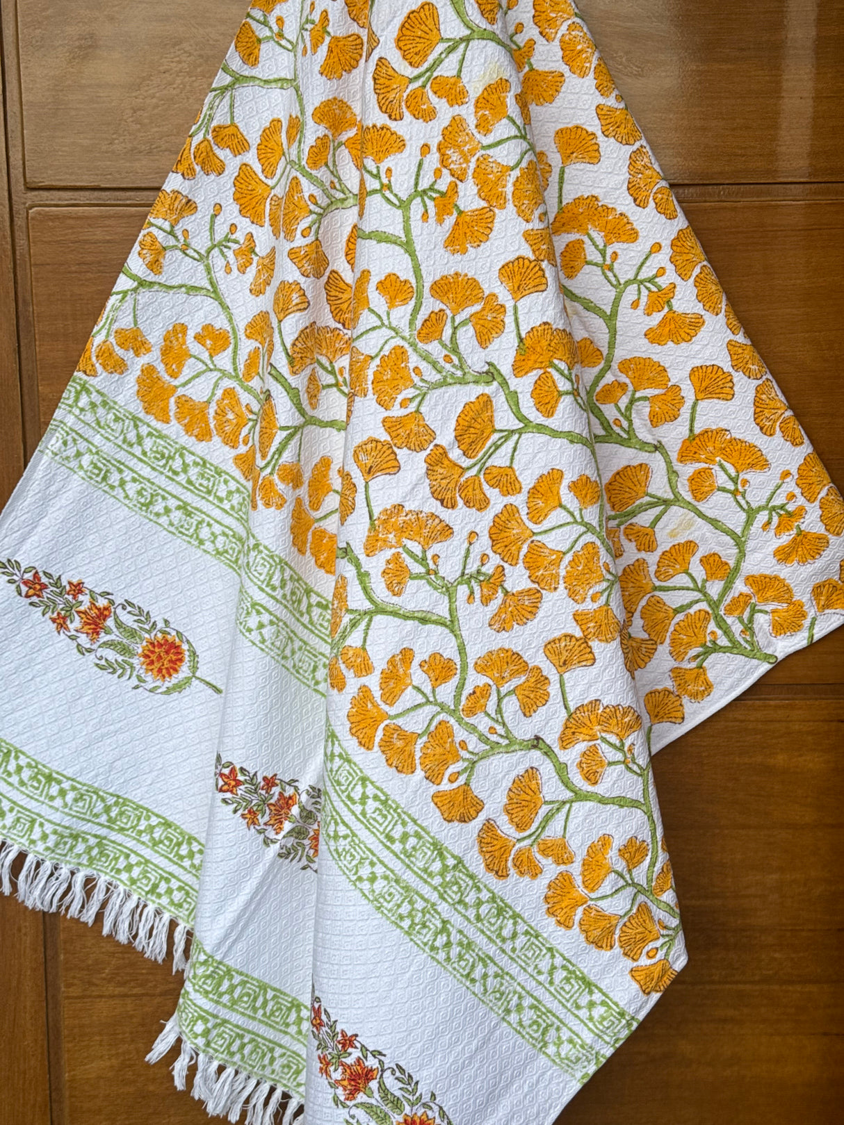 Beautiful Yellow Blockprint Soft Cotton Towel– Cotton Jacquard Weave