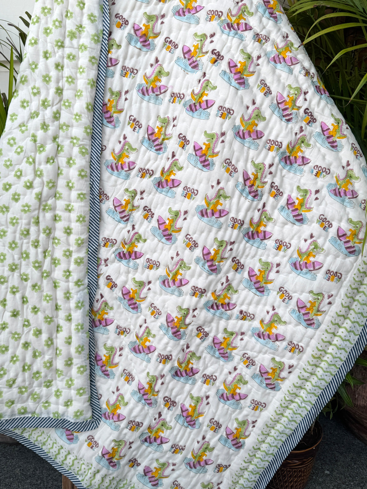 Dinosaur Good Vibes Hand Block Printed Cotton Reversible Kids Quilt