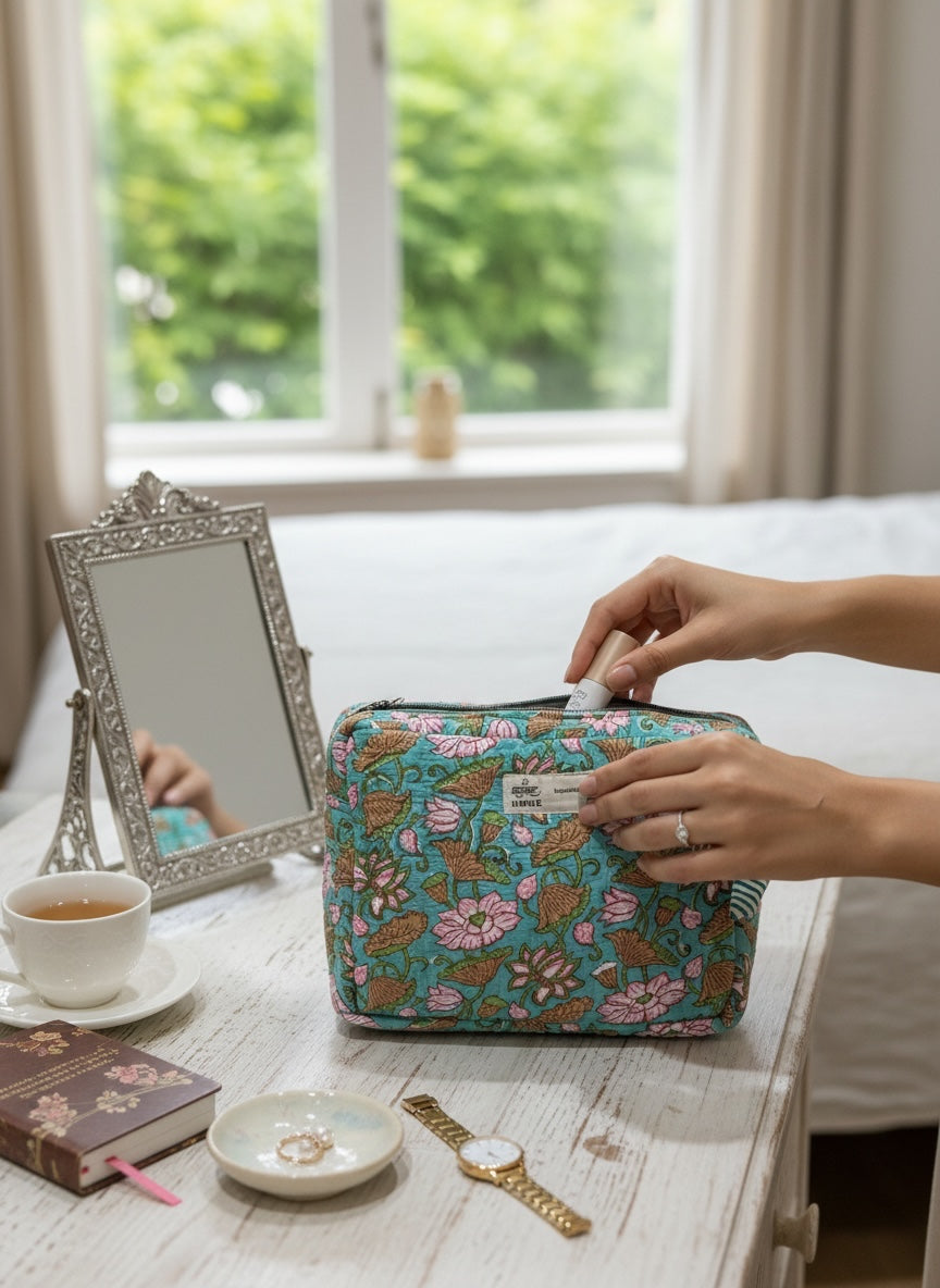 Amber Petal Hand-Block Cotton Quilted Utility Pouch