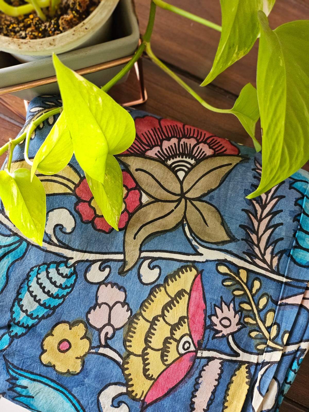 Floral Bangalore Silk Pen Kalamkari Blouse Fabric with Blue Base Colour