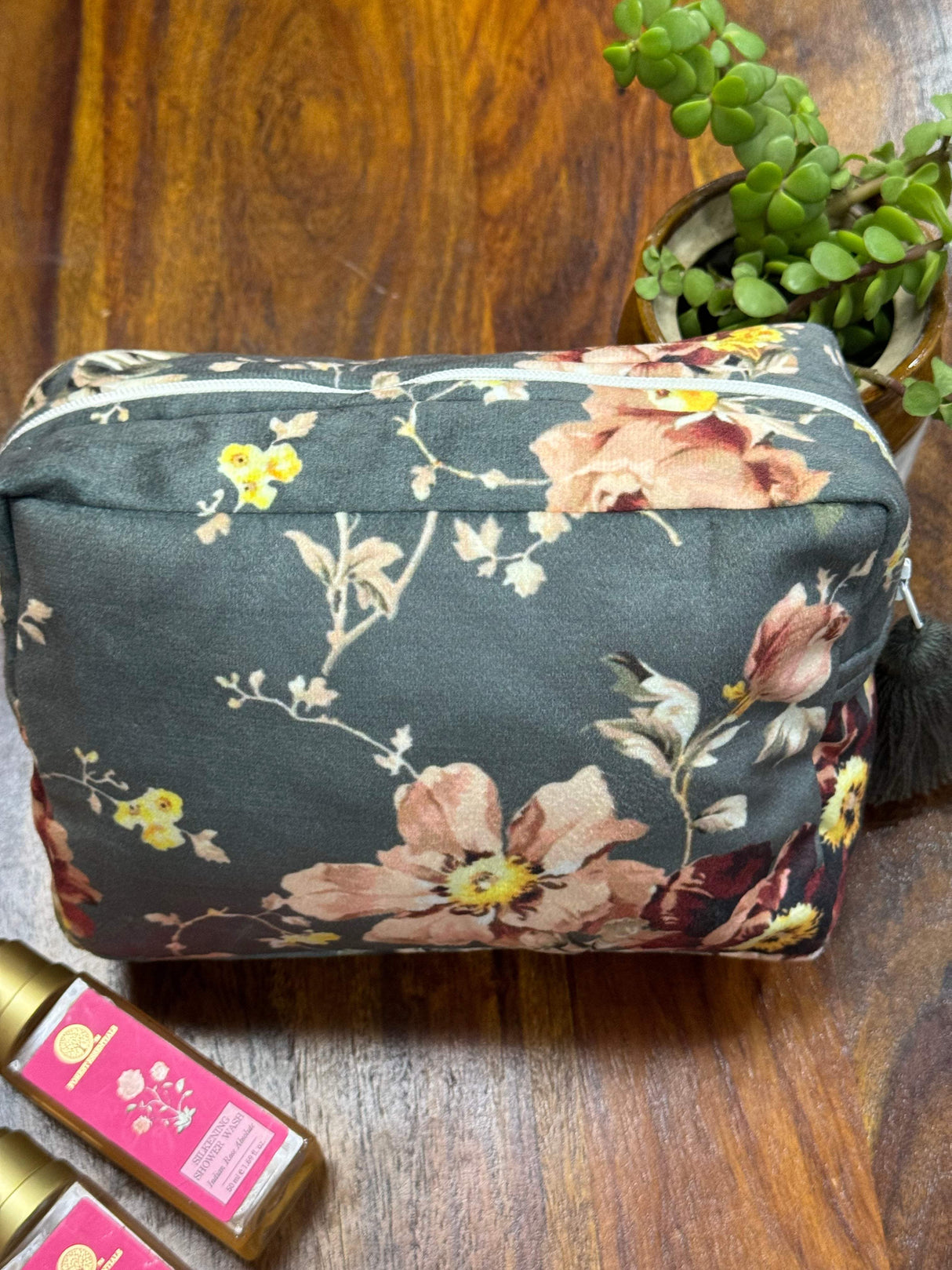 Grey Velvet Quilted Multipurpose Pouch