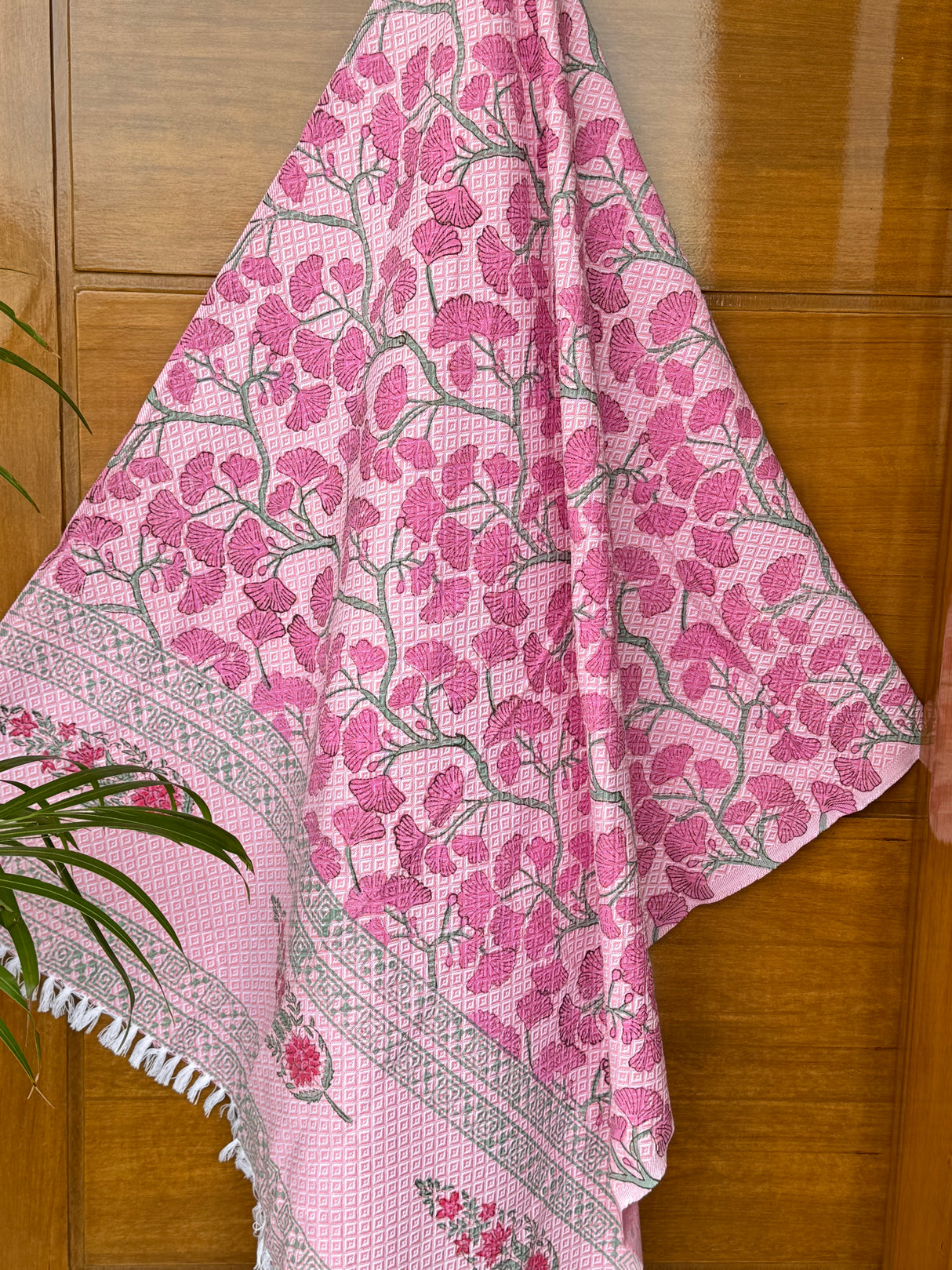 Beautiful Pink Blockprint Soft Cotton Towel– Cotton Jacquard Weave