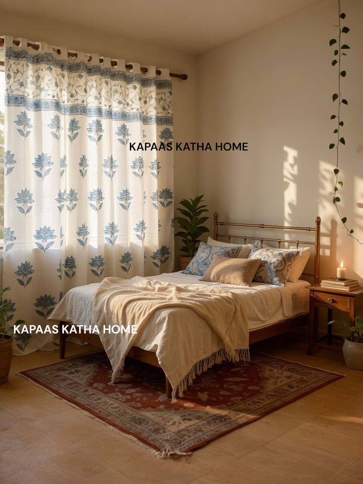 Pair of Blue Floral Blockprint Cotton Curtain (Set of 2)