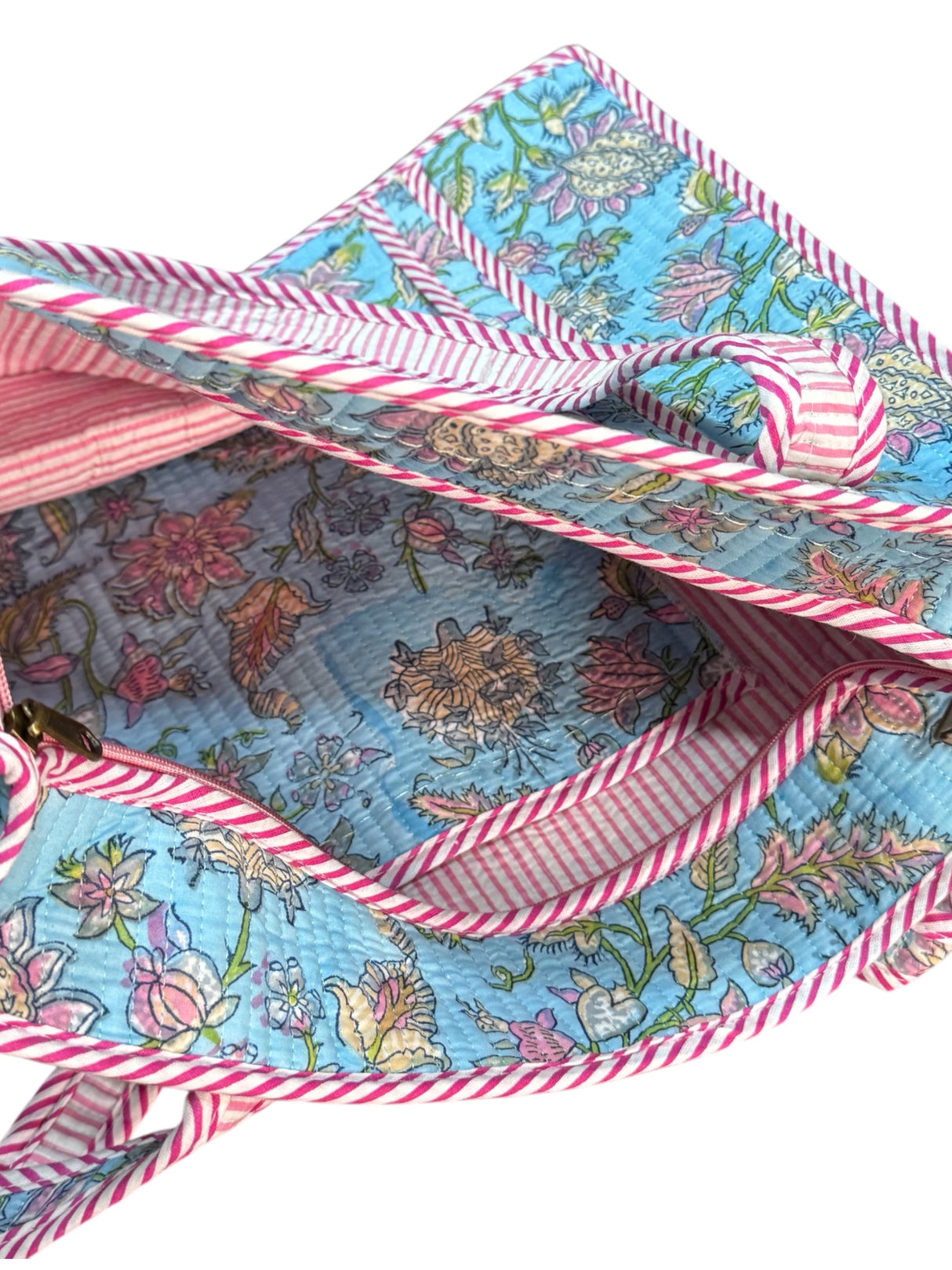 Vibrant Sky Blue & Pink Floral Block Print Handcrafted Tote Bag (with Zip Closure)