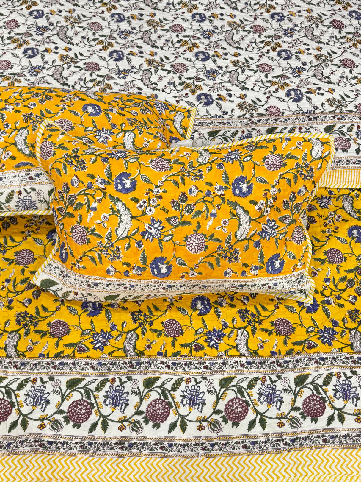 KING Size Quilted Blockprint REVERSIBLE Mulmul Bedcover (108*108 inches)