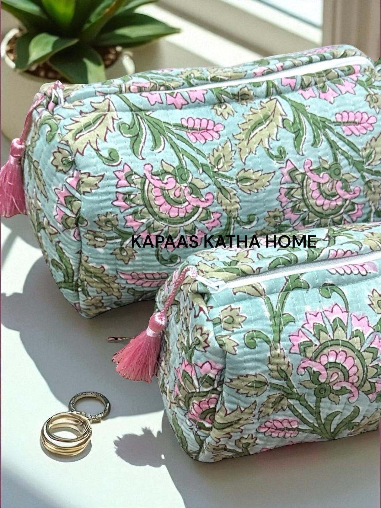 Pink Green Set of 2 Pouches (medium and small)