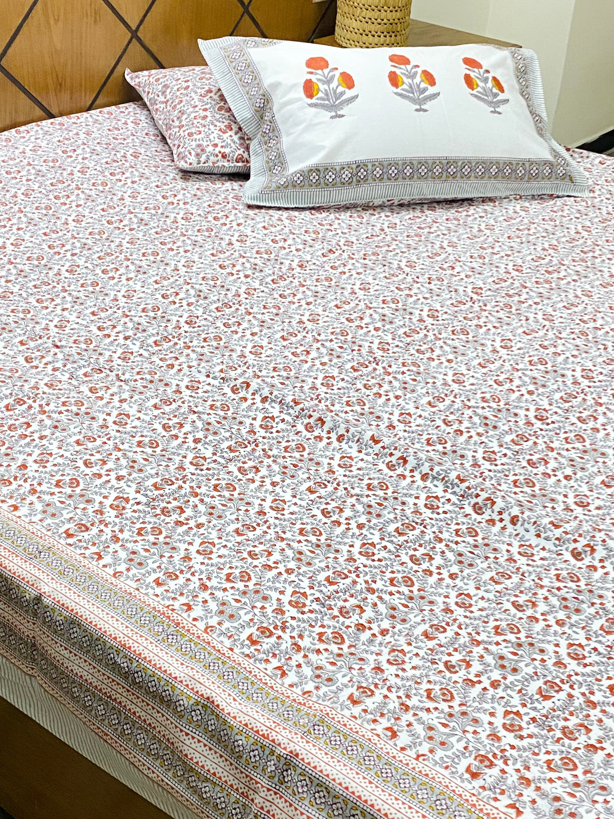 Rust Floral Cotton Bedsheet & Quilt Set