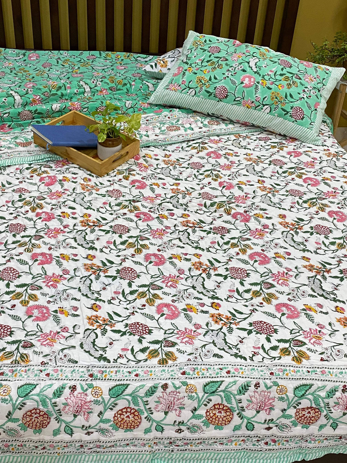 Green Floral Print Cotton Blockprint Bedsheet & Quilt Set