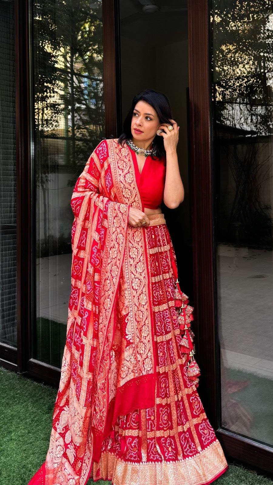 Red Banarsi Georgette Gharchola Bandhani Lehenga with Dupatta