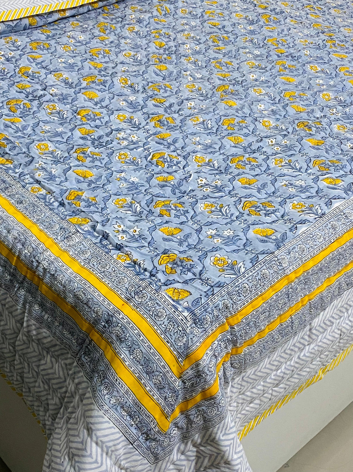 Yellow Bloom Blockprint Bedsheet & Quilt Set