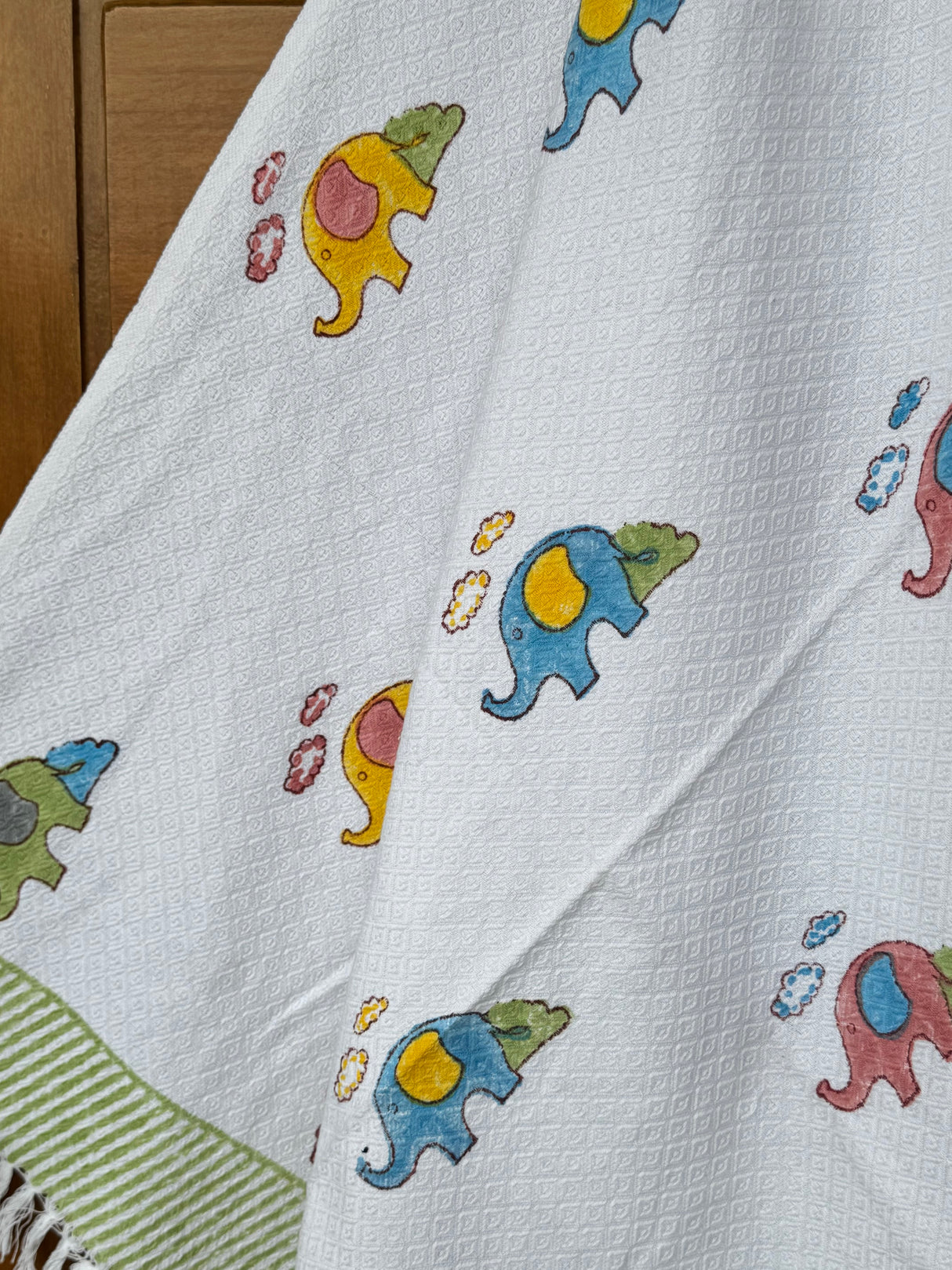 Vibrant Elephants Blockprint Kids Towel – Cotton Jacquard Weave