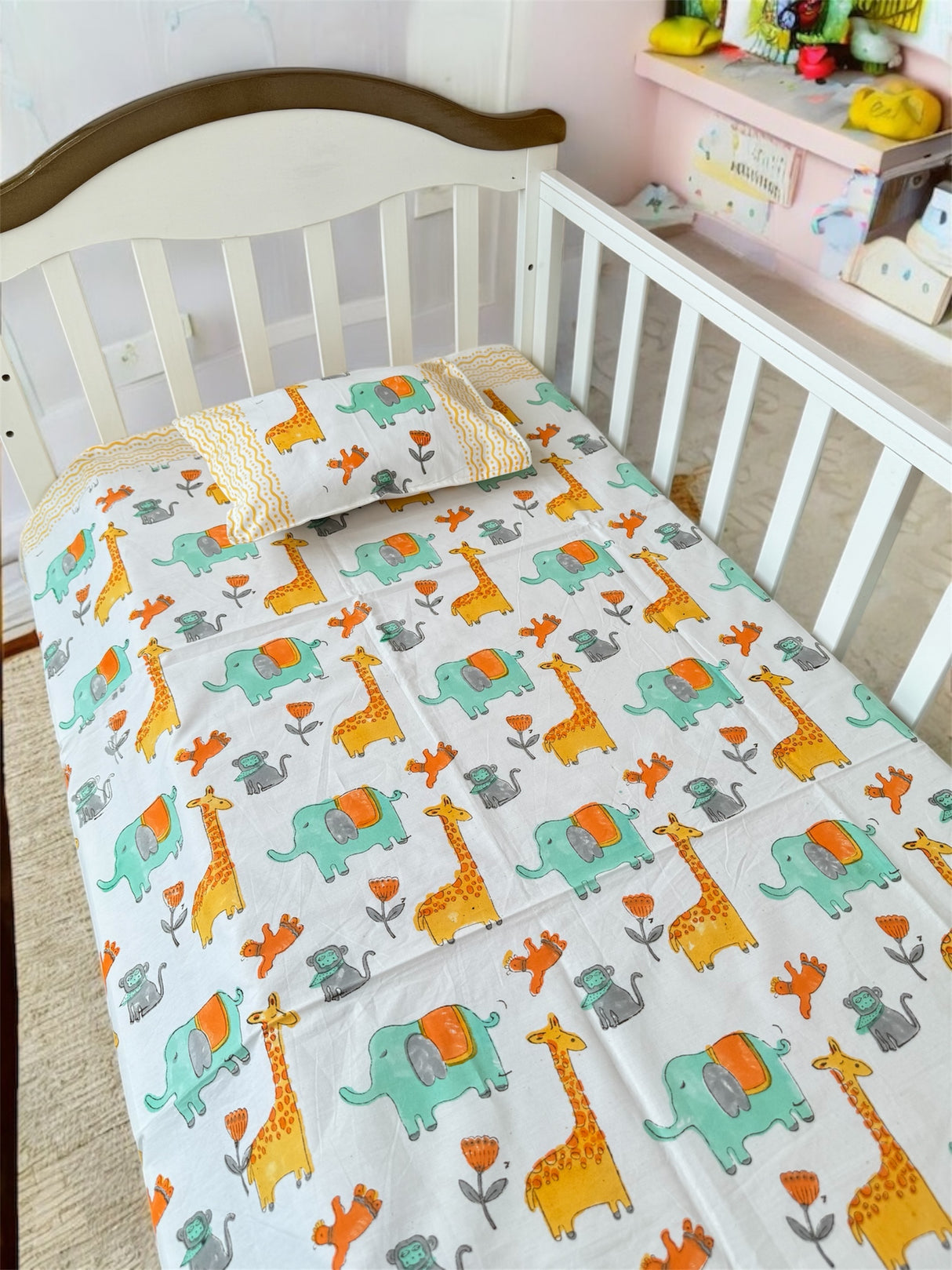 Adorable Giraffe Elephant- Baby Cot Bedding (cot sheet, dohar, pillowcase)