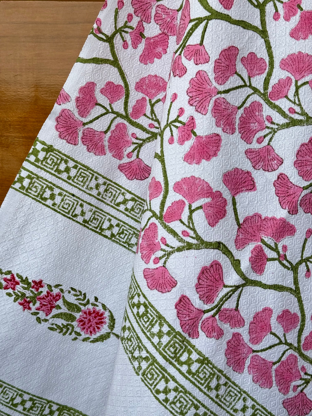 Pink Floral Blockprint Soft Cotton Towel– Cotton Jacquard Weave