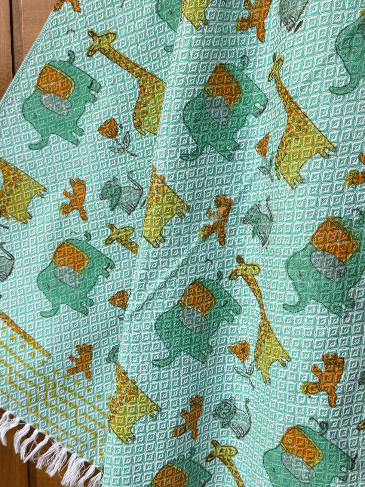 Green Elephant Giraffe Blockprint Kids Towel – Cotton Jacquard Weave