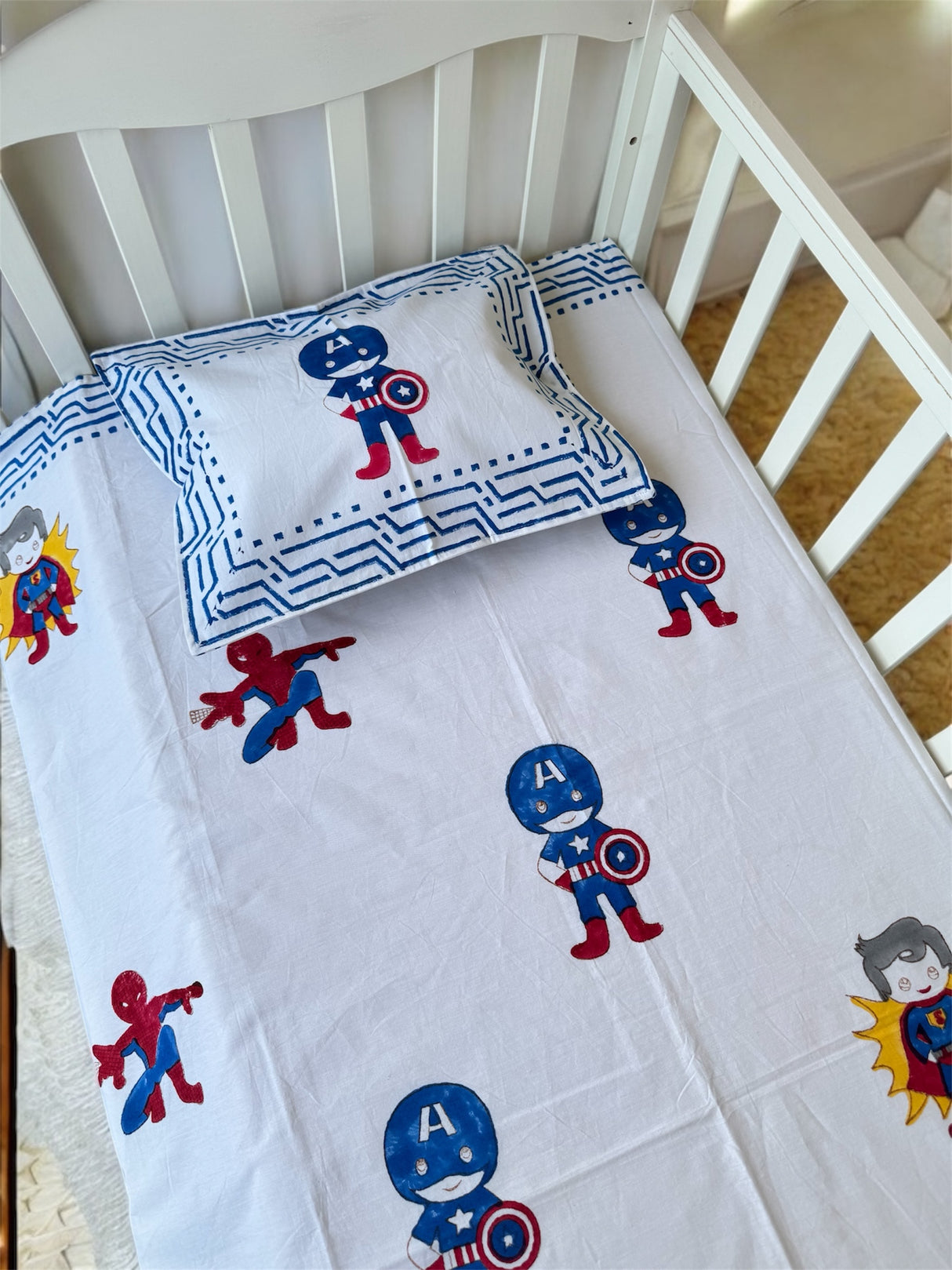 Super Heroes- Baby Cot Bedding (cot sheet, dohar, pillowcase)