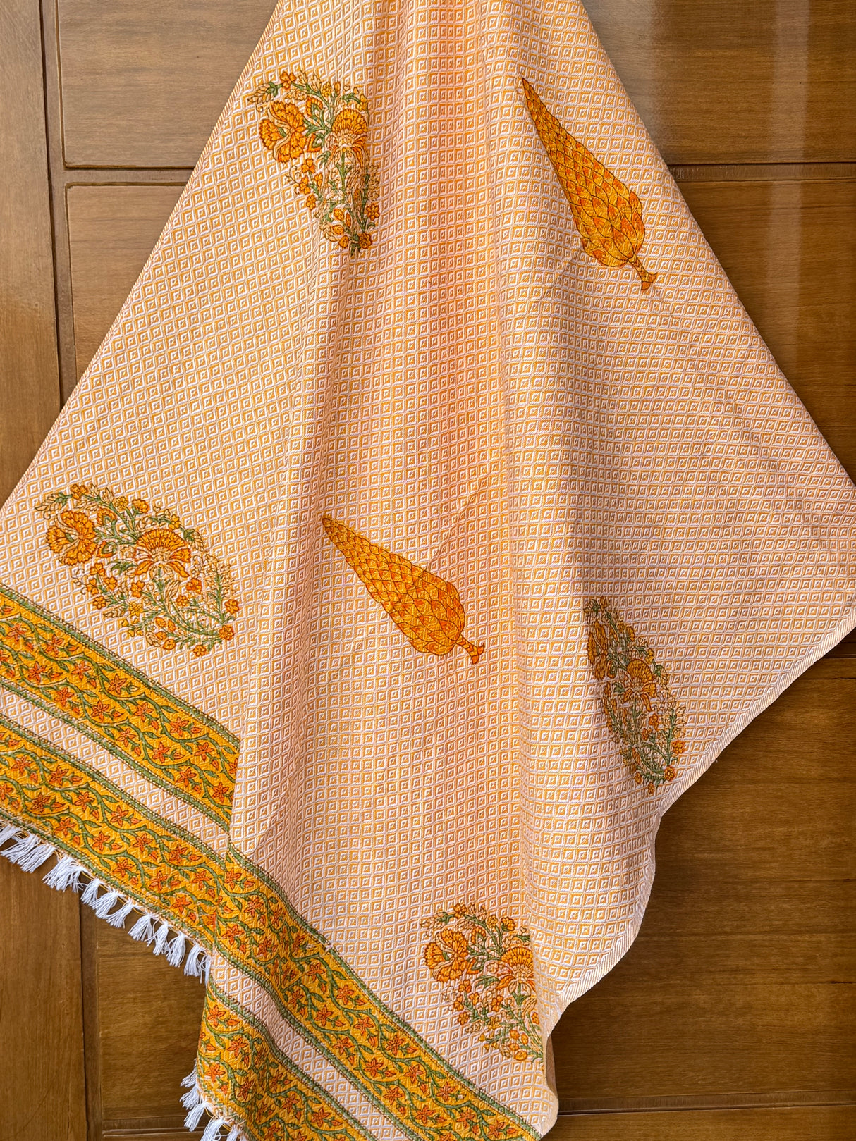 Pretty Yellow Blockprint Soft Cotton Towel– Cotton Jacquard Weave