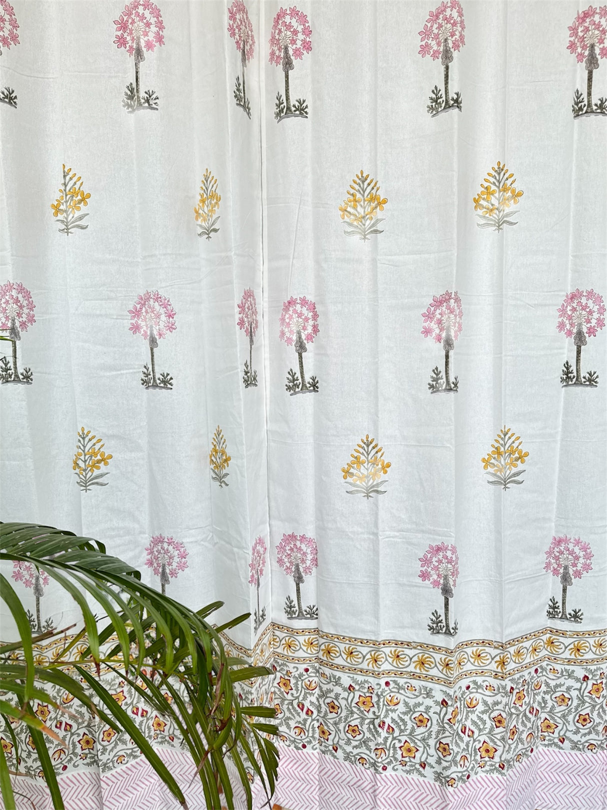 Pretty Pink Yellow Blockprint Cotton Curtain