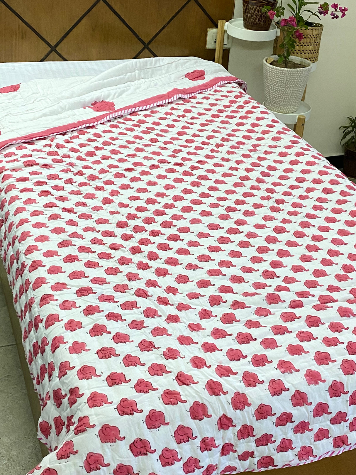 Pink Elephant HandBlock Printed Mulmul Reversible Quilt