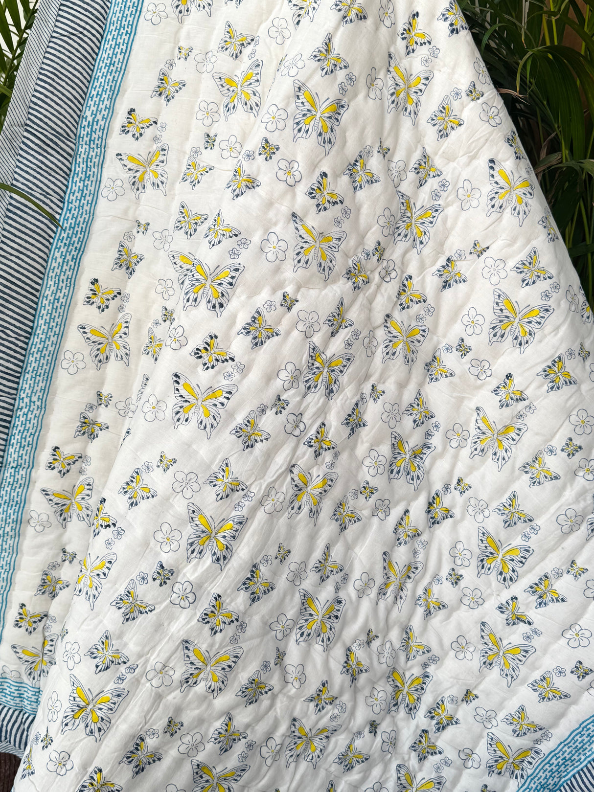 Blue Pink Butterfly Kids Quilt Handblock Printed