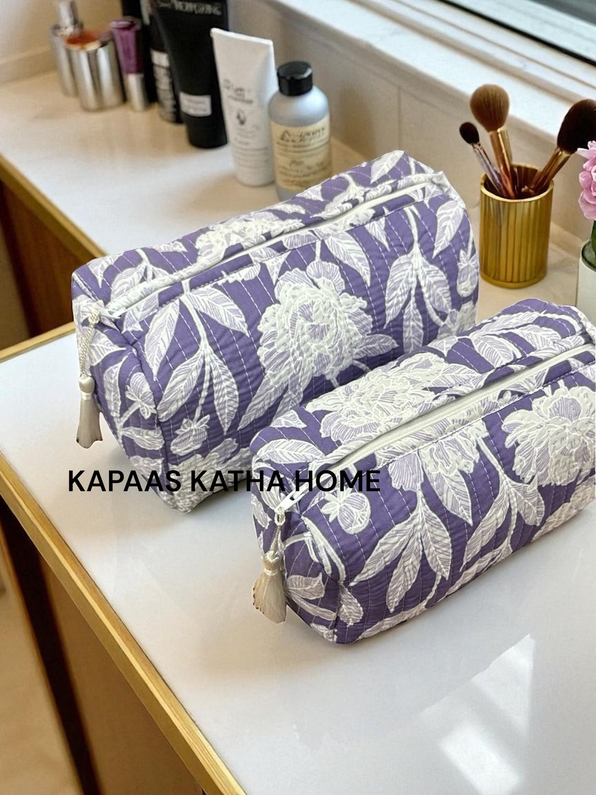 Purple White Set of 2 Pouches (medium and small)