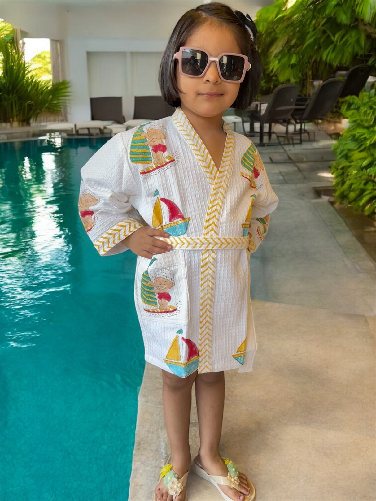 Beach Theme Kids Bathrobe-Cotton Waffle Blockprint