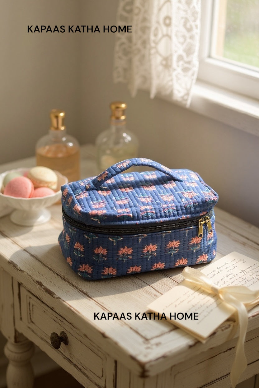 Delightful Blue Floral Vanity Bag for Women