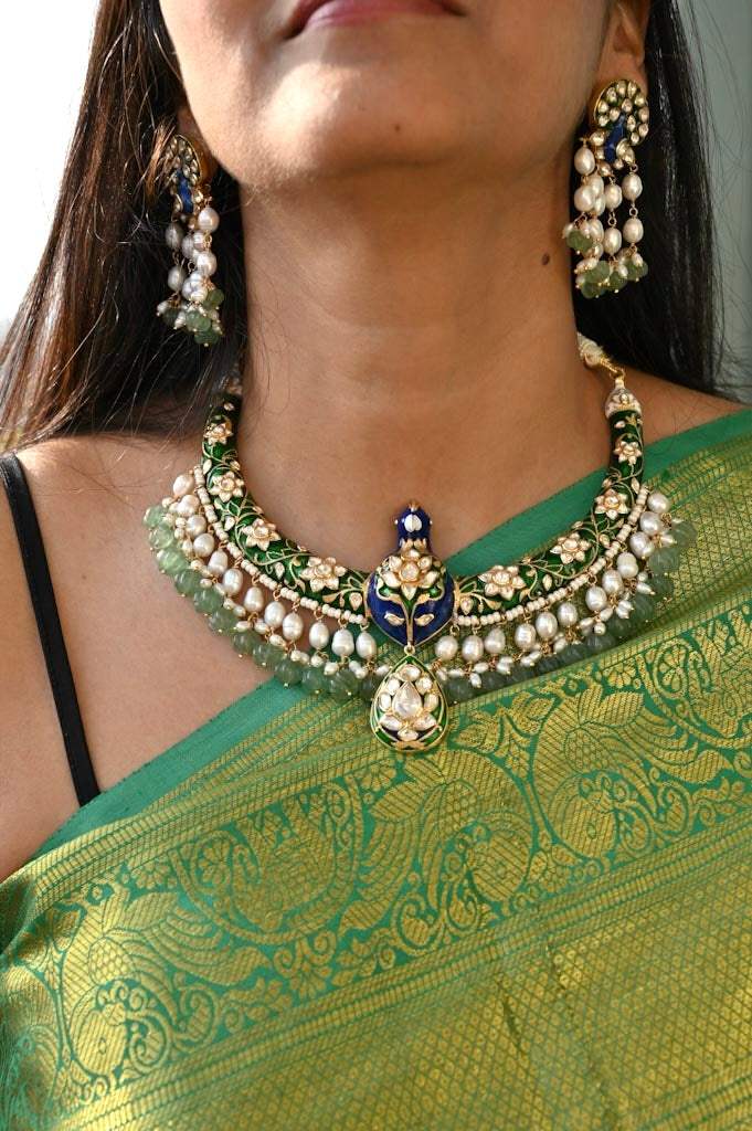 Mayura Vaibhav - Handcrafted 92.5 Silver Peacock Theme Meenakari Hasli with Earrings
