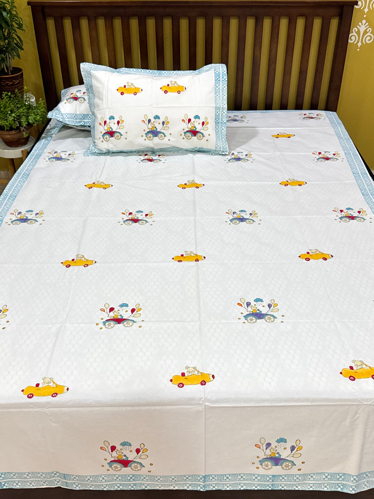 Cars and Balloons Handblock Printed Kids Cotton Bedsheet