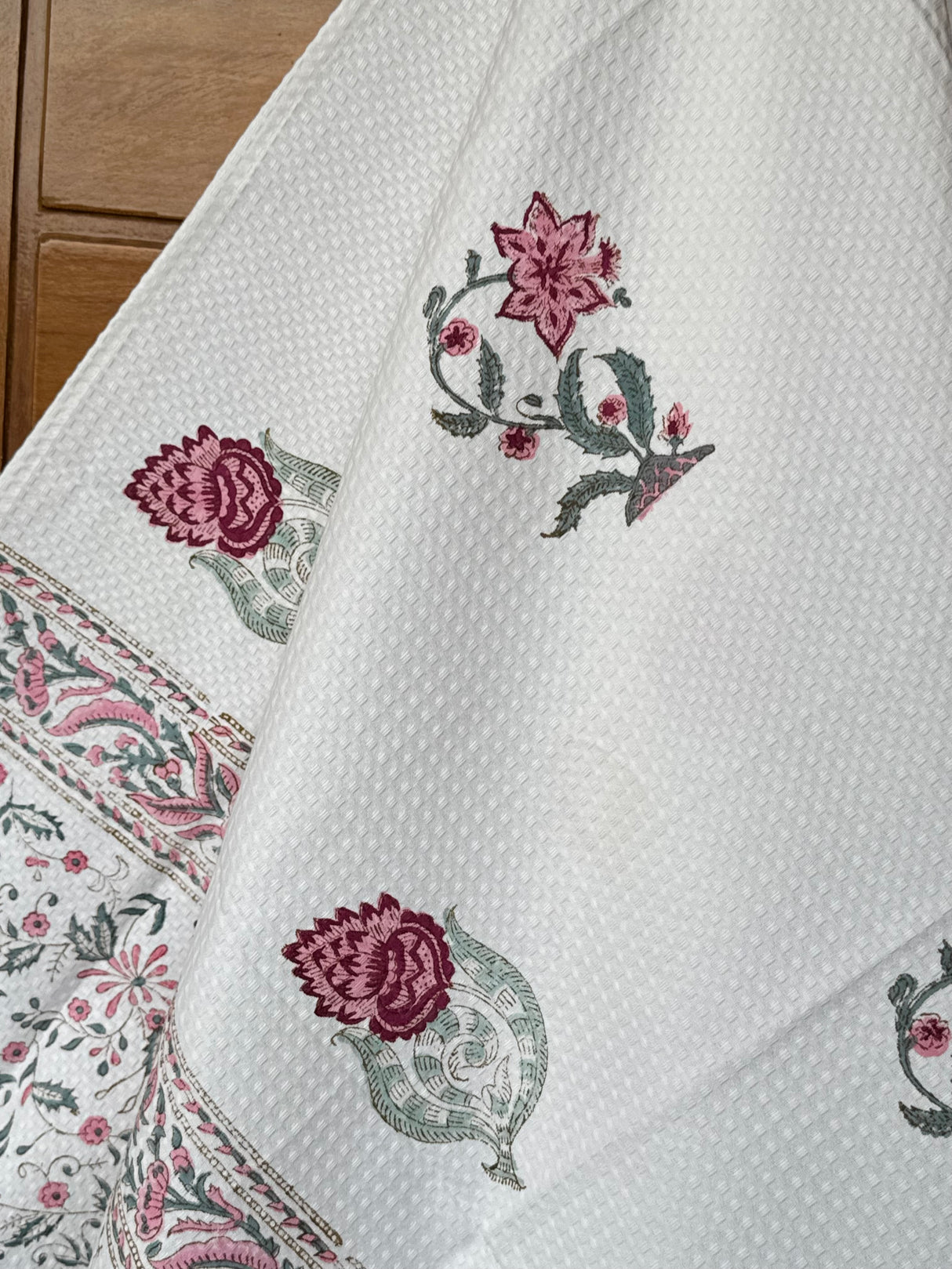 Delightful Floral Blockprint Cotton Towel- Waffle Weave