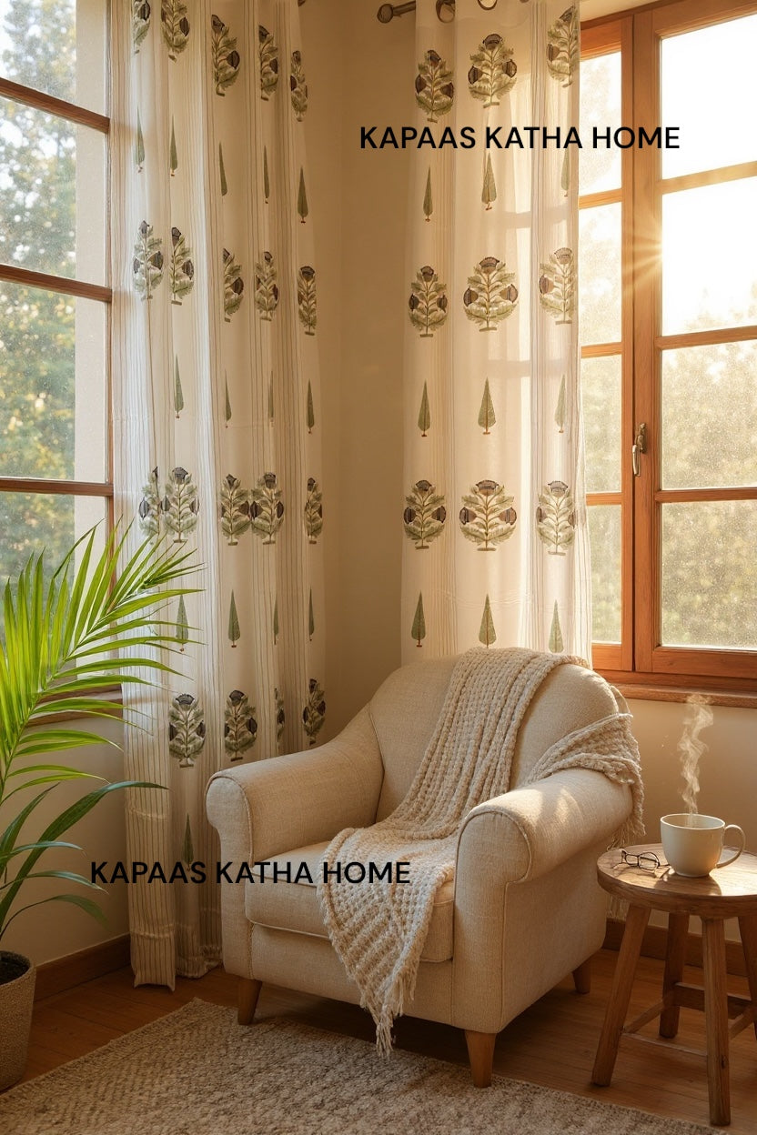 Blue Jaipuri Motifs Blockprint Cotton Curtain