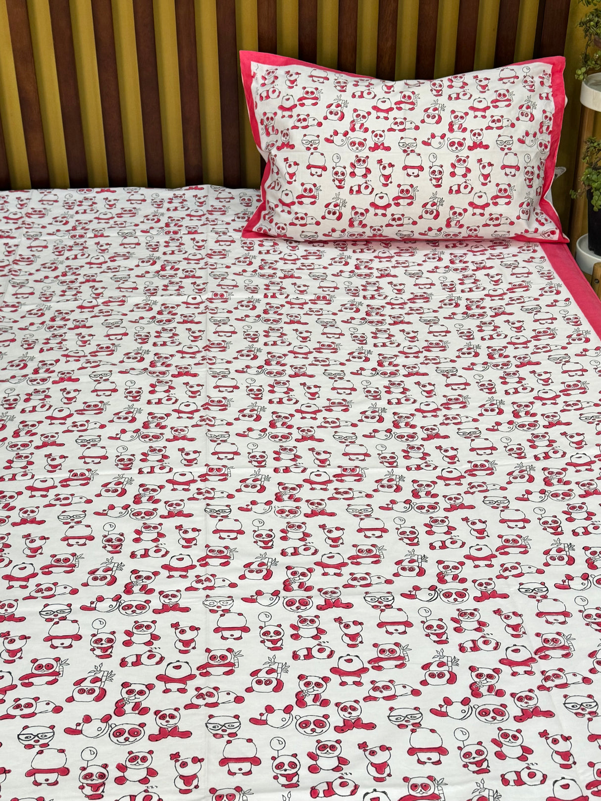 Pink Panda Handblock Printed Kids Cotton Bedsheet
