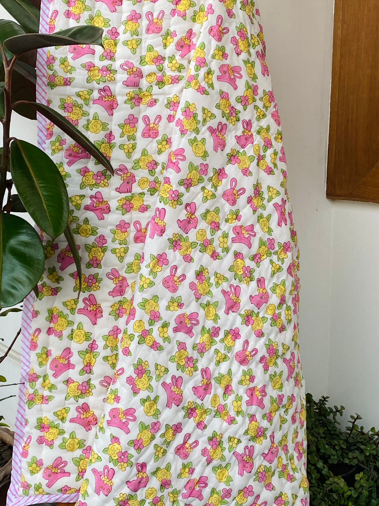 Flowers and Rabbit Blockprint Kids Quilt