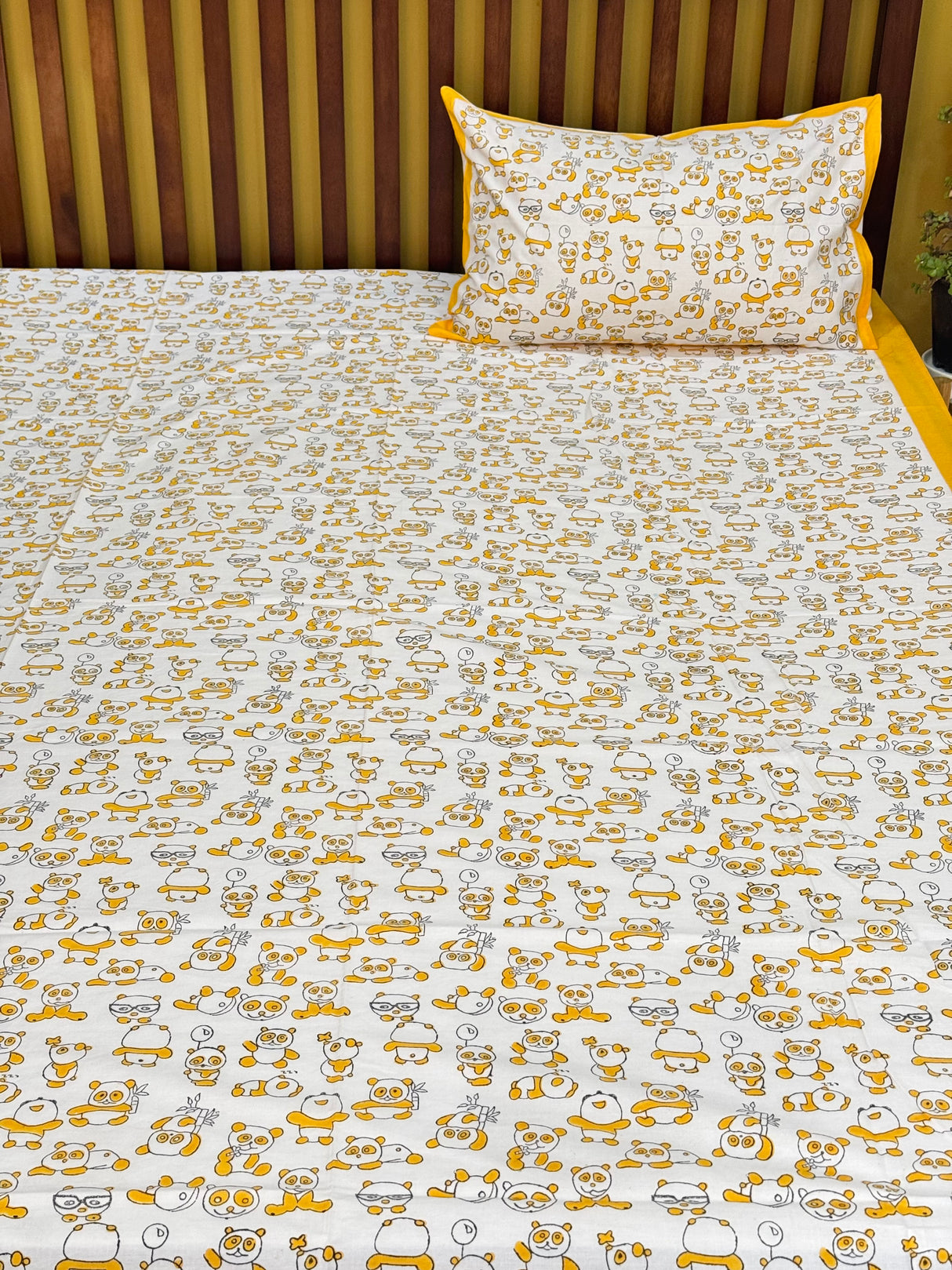 Yellow Panda Handblock Printed Kids Cotton Bedsheet