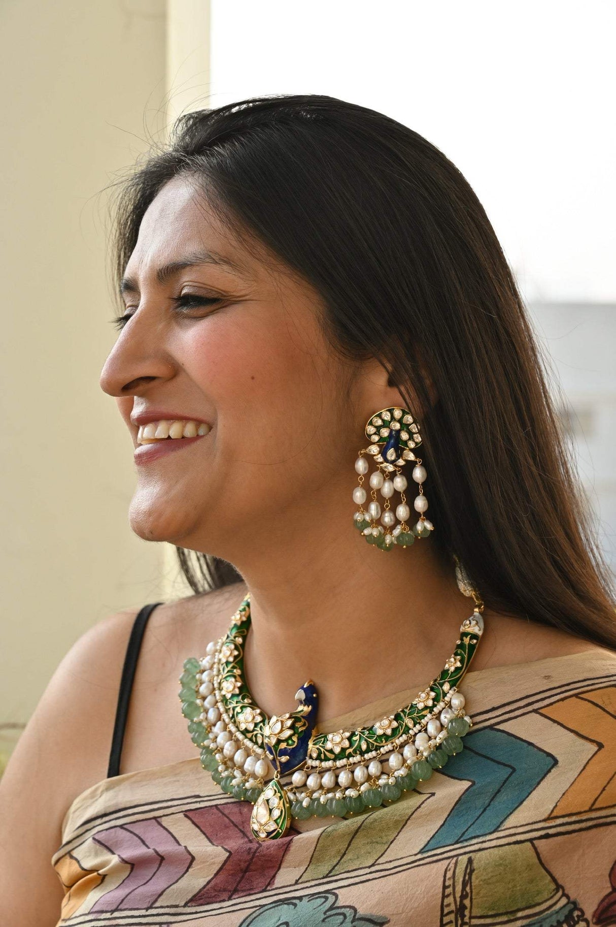 Mayura Vaibhav - Handcrafted 92.5 Silver Peacock Theme Meenakari Hasli with Earrings