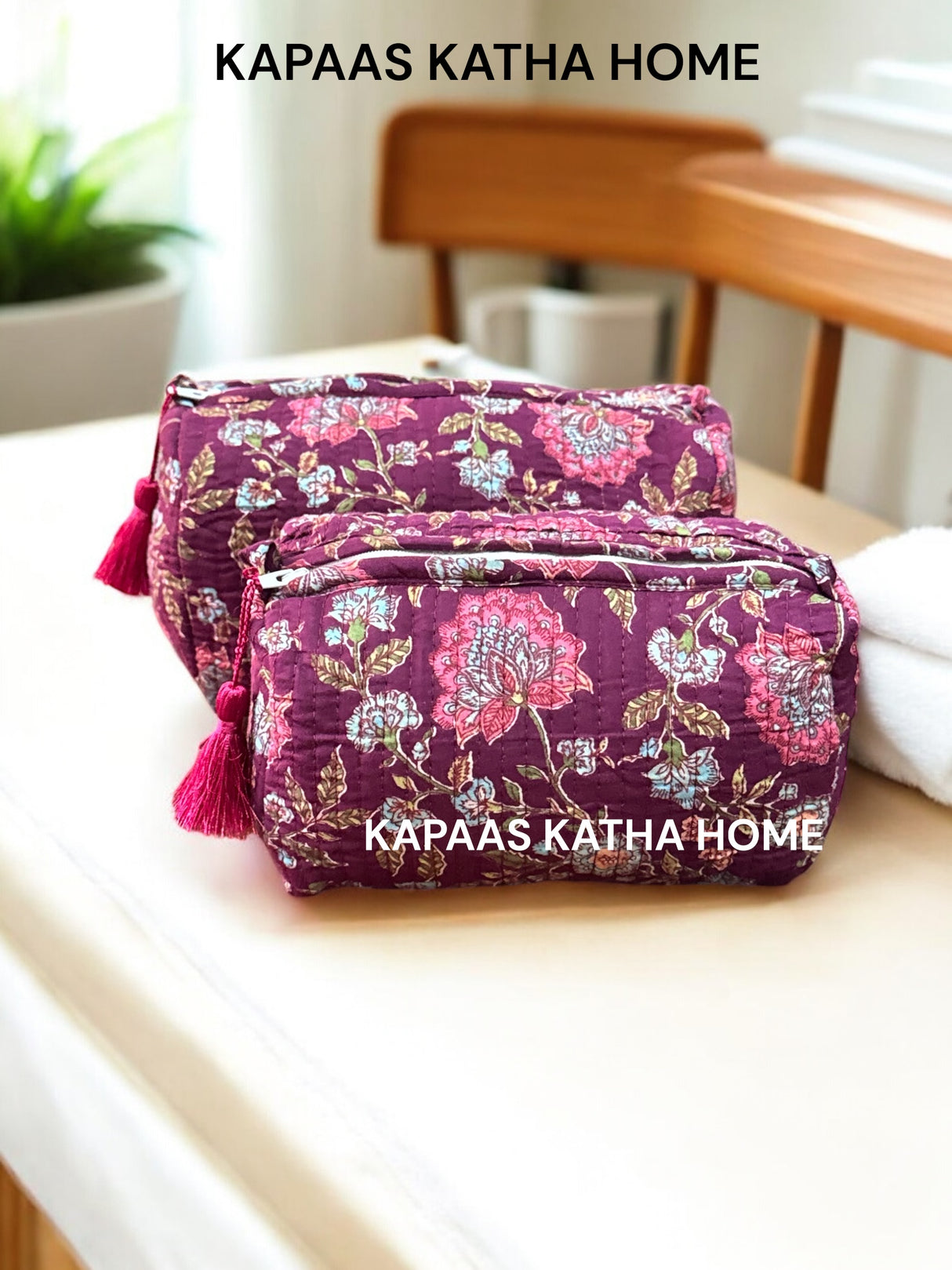 Purple Floral Set of 2 Pouches (medium and small)