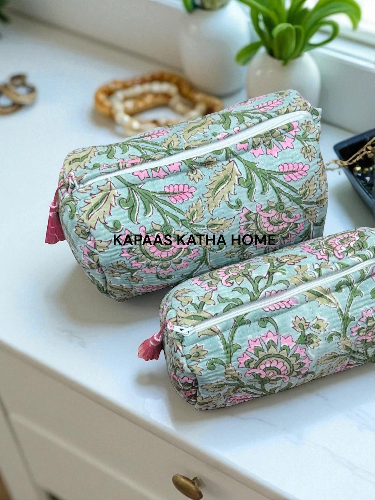 Pink Green Set of 2 Pouches (medium and small)