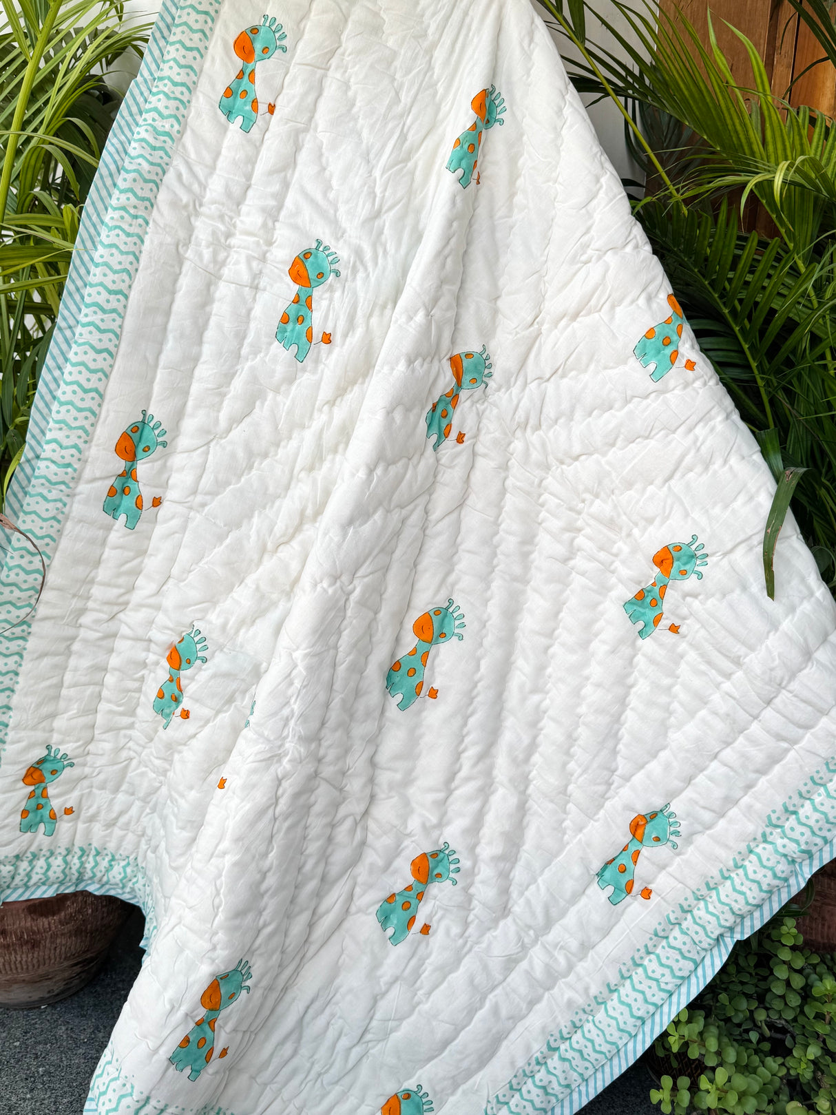Green Giraffe Elephant Blockprint Kids Quilt