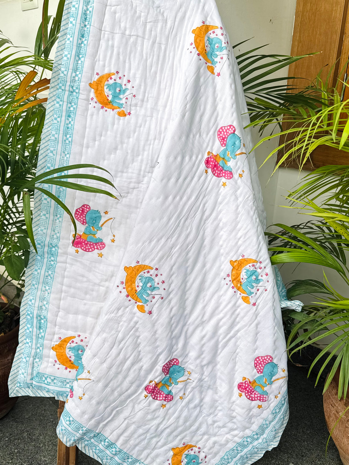 Moonlit Elephant Dreams Blockprint Quilt